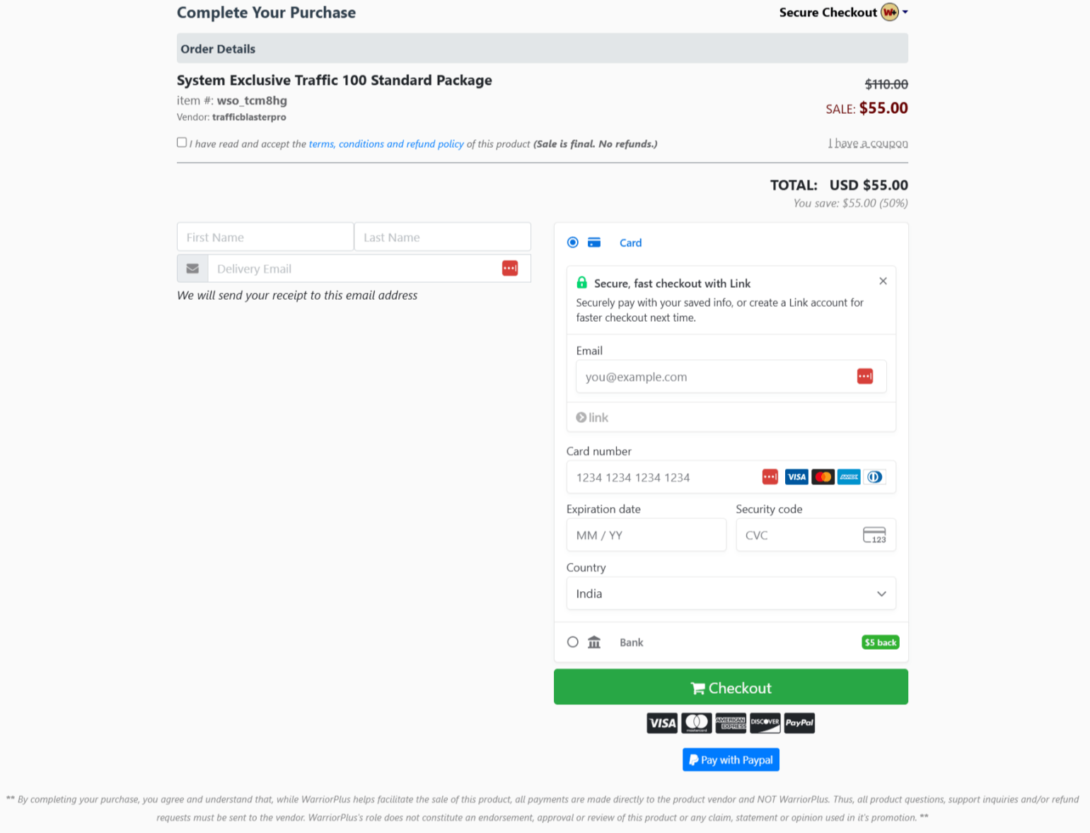 System Exclusive Traffic Checkout Page
